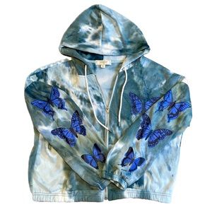 No Comment Blue Tye-Dye Butterfly Zip Up Hoodie- Juniors XL